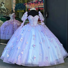 Lavender Princess Ball Gown Sweetheart Neckline with Detachable Sleeves & 3D Floral Appliques for Quinceanera & Sweet 16