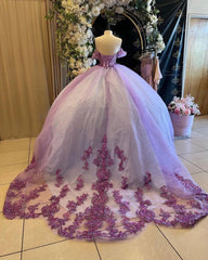 Lilac Tulle Quinceanera Dress Off-Shoulder Ball Gown with Sequins Beaded Floral Lace Appliques for Sweet 16 & Birthday Parties