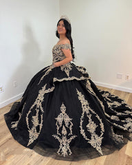 Black Tulle Ball Gown Off-Shoulder Lace Applique Princess Dress for Quinceanera & Sweet 16