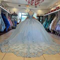 Light Blue Tulle Princess Gown Sweetheart Neckline with Floral Lace Applique for Quinceanera & Sweet 16