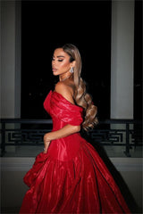 Chic Red Off the Shoulder V Neck A Line Long Split Formal Dress With Ruffles