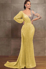 Newinlook Gorgeous V-Neck Mermaid Evening Dress Long Sleeves With Sequins Beads