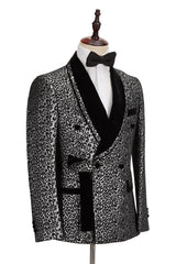 Newinlook New Silver Leopard Double-Breasted Prom Suit with Jacquard Shawl Lapel for Men
