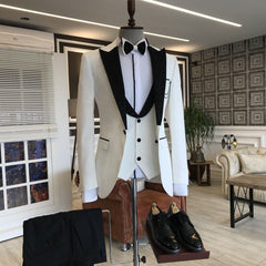 Newinlook Fashionable White Three-Piece Party Evening Suit with Black Peaked Lapel