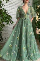 Newinlook Deep V-Neck Tulle Aqua Beautiful Half Sleeves Evening Dress With Embroidery Flowers