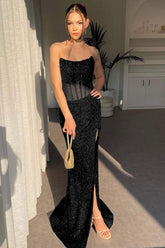 Strapless Sleeveless Mermaid Long Split Formal Dress With Sequins