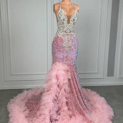 Glamorous Pink Halter Long Mermaid Formal Dresses with Sequins Beads and Tulle Ruffle