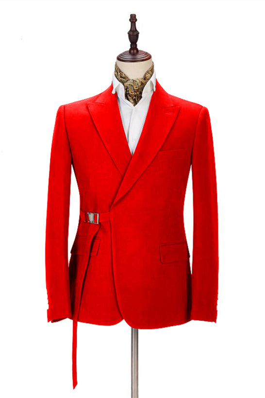Newinlook Popular Slim Fit Bright Red Peak Lapel Summer Wedding Suit with Buckle Button