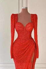 Newinlook Red Sweetheart Long Sleeves Sequins Mermaid Evening Dress With Split