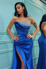 Newinlook Royal Blue Strapless Sleeveless Mermaid Split Evening Dress With Beadings