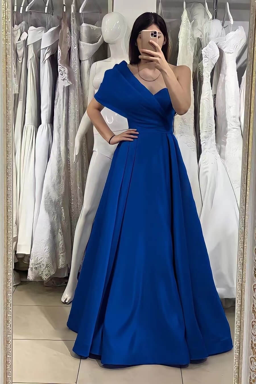 Newinlook Basics One Shoulder Elegant Off-The-Shoulder Royal Blue Evening Dress
