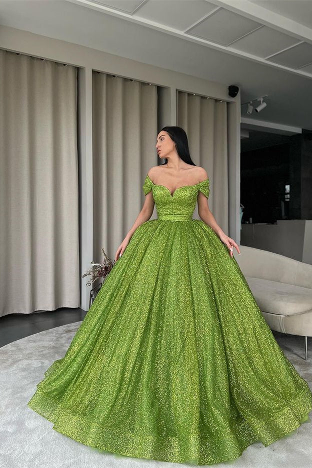 Newinlook Off-The-Shoulder Green Ball Gown Evening Dress With Sequins