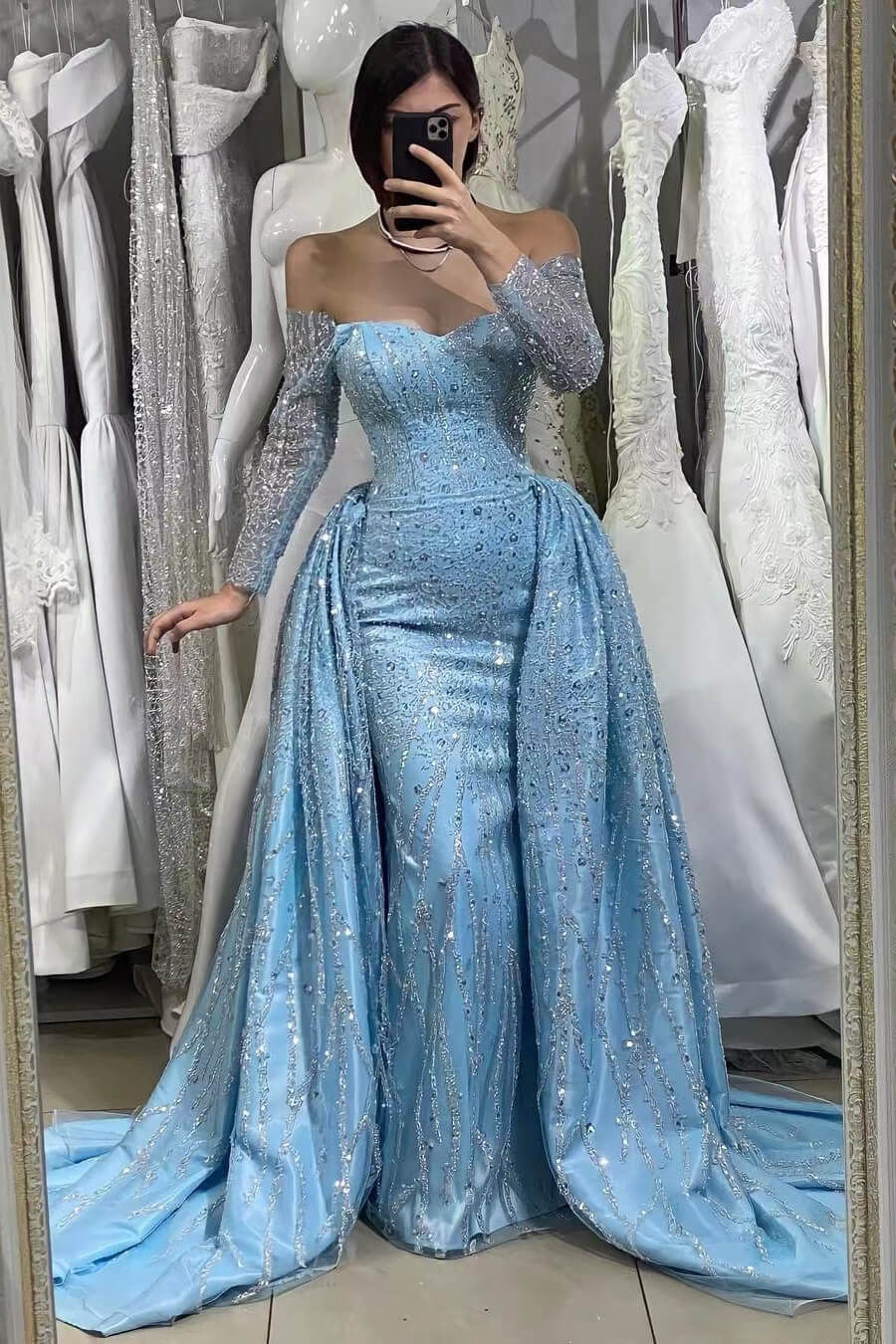 Newinlook Long Sleeves Blue Beads Off-The-Shoulder Sweetheart Evening Dress With Long Ruffles Sequins