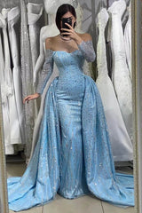 Newinlook Long Sleeves Blue Beads Off-The-Shoulder Sweetheart Evening Dress With Long Ruffles Sequins