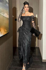 Black Lace Strapless Pleated Split Long Formal Dress With Long Gloves