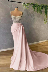 Newinlook Spaghetti-Straps Elegant Pearl Mermaid Evening Dress With Sequins Pleat