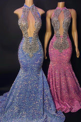 Beaded Sequins High Halter Neck Sleeveless Mermaid Formal Dress With Appliques
