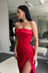 Newinlook Red Strapless Mermaid Charmeuse Evening Dress Split