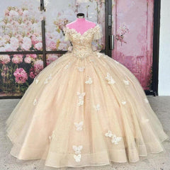 Off-Shoulder Ball Gown 3D Butterfly Lace Appliques & Beaded Champagne Tulle Quinceanera Dress for Sweet 16