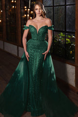 Newinlook Off-The-Shoulder V-Neck Mermaid Sequins Evening Dress With Elegant Tulle Beadings