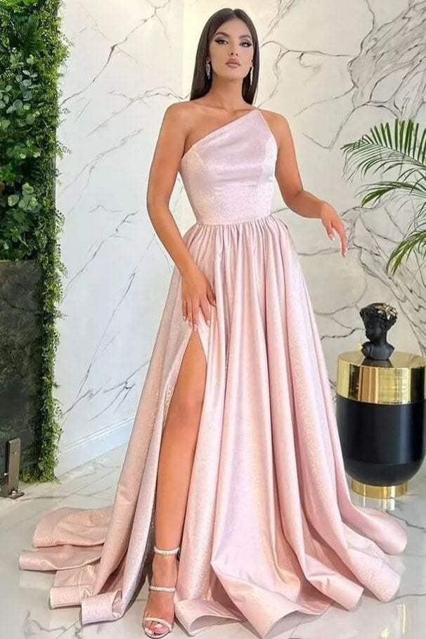Newinlook Modest Light Pink One Shoulder Sleeveless Evening Dress With Split