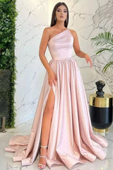 Newinlook Modest Light Pink One Shoulder Sleeveless Evening Dress With Split