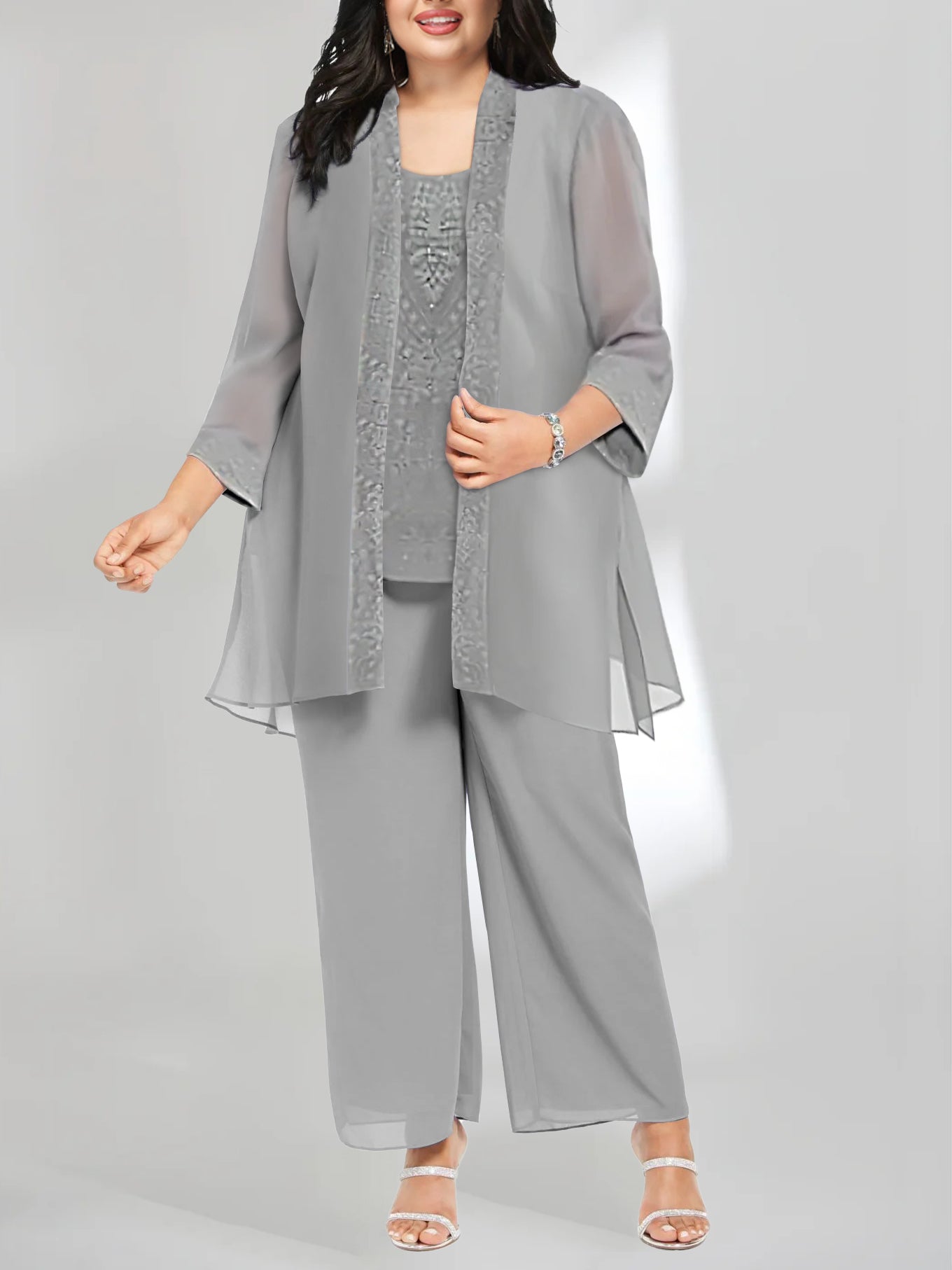 Plus Size Mother of the Bride Scoop Neck Ankle-Length Chiffon Pantsuit with Jacket