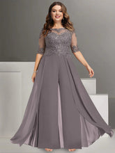 Ankle-Length Plus Size Chiffon Mother of the Bride Pantsuit with Lace and Jewel Neck