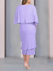 Plus Size Tea-Length Mother of the Bride Dress with Scoop Neck Short Sleeves and Lace Appliques