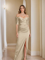 Off-the-Shoulder Short Sleeve Sheath/Column Mother of the Bride Dress With Front Split
