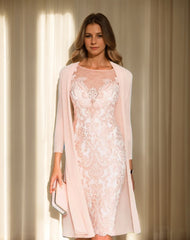 Long-Sleeve Knee-Length Sheath/Column Mother of the Bride Dress with Lace Beading Appliques