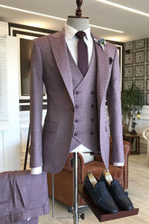 Newinlook Purple One-Button Groomsmen Outfit with Small Plaid and Peaked Lapel