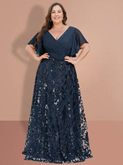 V-Neck A-Line Princess Floor-Length Mother of the Bride Dress with Short Sleeves and Sequins