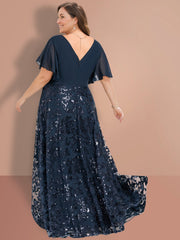 Plus Size V-Neck A-Line Princess Floor-Length Mother of the Bride Dress with Short Sleeves and Sequins