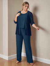 Plus Size 3-Piece Chiffon Pantsuit with Scoop Neck 3/4 Sleeves and Floor-Length Jacket Featuring Pockets