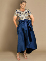 Plus Size Asymmetrical A-Line Princess Dress with Round Neck and Short Sleeves