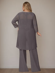 Plus Size Floor-Length Chiffon Pantsuits With Jacket - 3 Piece Set Scoop Neck & Long Sleeves