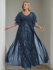 Plus Size Mother of the Bride A-Line Floor-Length Dress with V-Neck and Half Sleeves