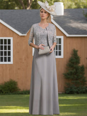 Floor-Length Scoop Neck Chiffon Gown with Lace and Half Sleeves for the Mother of the Bride