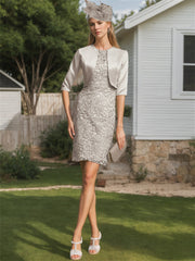 Knee-length Satin Mother of the Bride Dress with Scoop Neck and Lace Sleeves