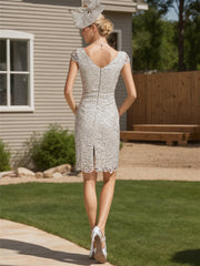 Knee-length Satin Mother of the Bride Dress with Scoop Neck and Lace Sleeves