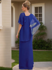 Asymmetrical Ruffle Chiffon Floor-Length Mother of the Bride Dress with Short Sleeves