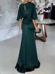 Floor-Length Belted Mother of the Bride Dress with 1/2 Sleeves and Sheath/Column Scoop Neckline
