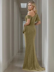 Pure Color Off-the-Shoulder Mermaid/Trumpet Floor-Length Mother of the Bride Dresses With Short Sleeves