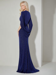 V-Neck Floor-Length Mother of the Bride Sheath Dress With Three-Quarter Sleeves and Ruffles