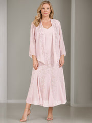 V-Neck A-Line Princess Two-Piece Plus Size Mother of the Bride Dress with Jacket and Sequins in Tea-Length