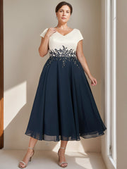 Plus Size Tea-Length Mother of the Bride Dress in A-Line/Princess Cut with V-Neck and Short Sleeves Featuring Lace