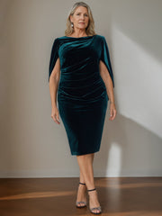 Velvet Mother of the Bride Dresses with Ruffles: A-Line Princess Scoop Half Sleeves Knee-Length