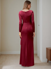 V-Neck A-Line Princess Floor-Length Velvet Mother of the Bride Dress with Ruffled Long Sleeves