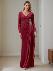 V-Neck A-Line Princess Floor-Length Velvet Mother of the Bride Dress with Ruffled Long Sleeves
